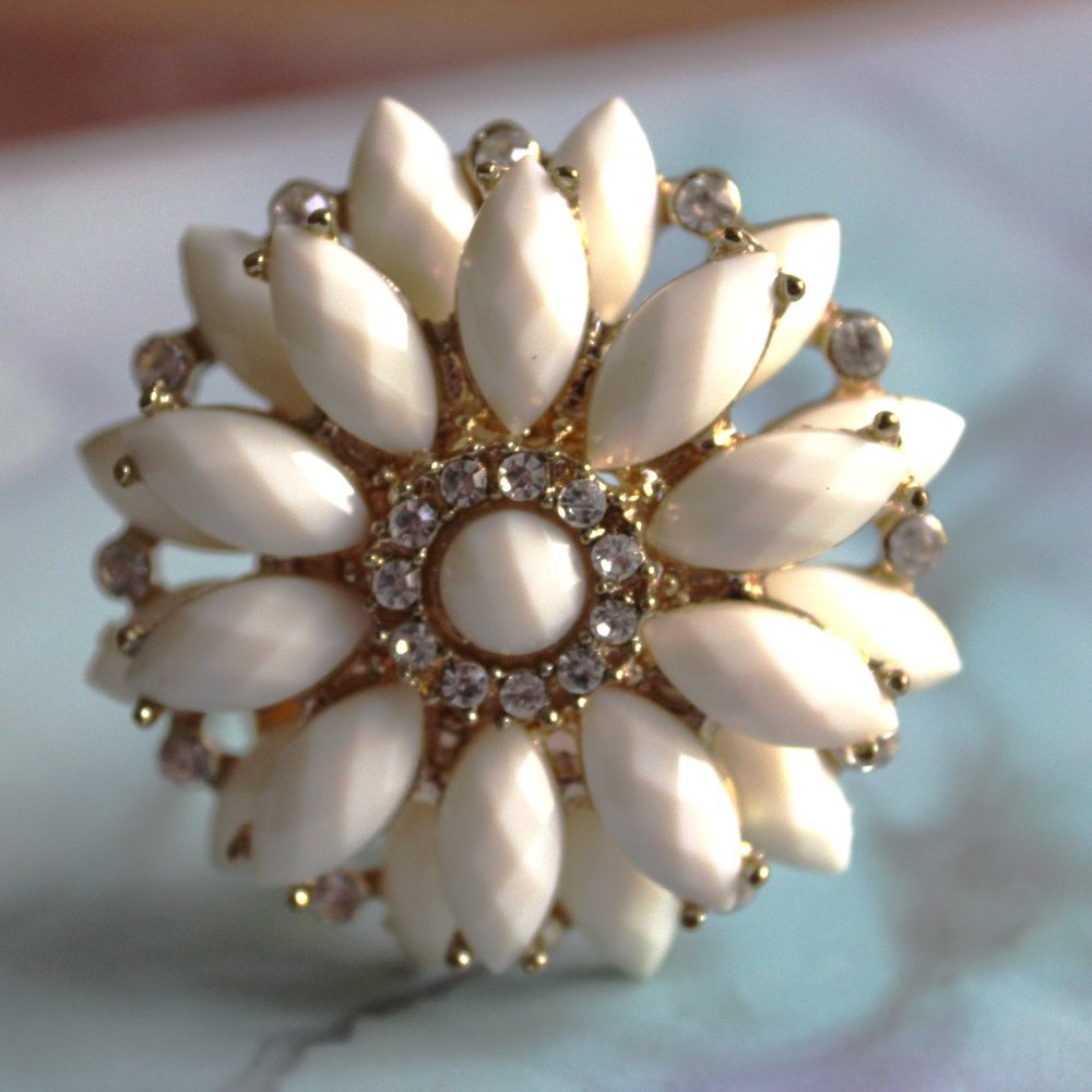 White Facetted Bead with Rhinestones In Gold Setting Brooch /Scarf / Hat Clip